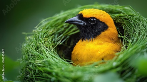 southern masked weaver bird building a vibrant green grass nest showcasing intricate details of its construction and vivid colors representing the beauty of wildlife and nature photo