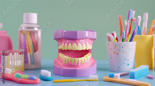 A colorful oral cavity model displayed alongside dental hygiene products like toothbrushes and floss, promoting good oral health practices. photo