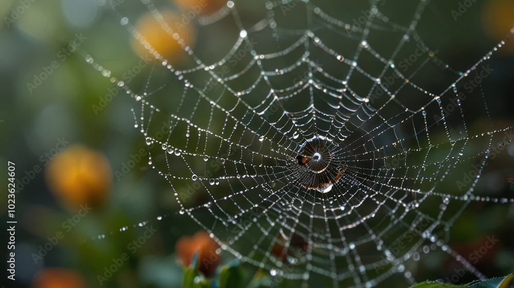 A spiderweb with dew drops, sparkling in the sunlight, with blurry green and yellow foliage in the background. A spiderweb with dew drops, sparkling in the sunlight, with blurry green and yellow foliage in the background.