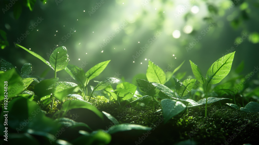 serene depiction of lush green plants with sunlight filtering through, creating tranquil atmosphere. vibrant leaves and soft moss evoke sense of peace and natures beauty serene depiction of lush green plants with sunlight filtering through, creating tranquil atmosphere. vibrant leaves and soft moss evoke sense of peace and natures beauty