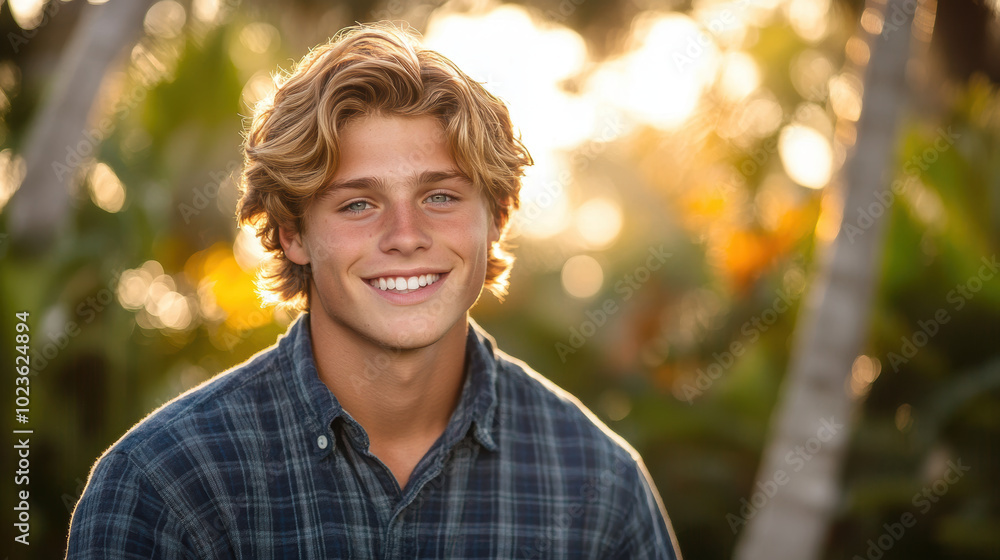 young man smiling in natural outdoor setting, surrounded by greenery and warm sunlight, exuding cheerful and friendly vibe young man smiling in natural outdoor setting, surrounded by greenery and warm sunlight, exuding cheerful and friendly vibe
