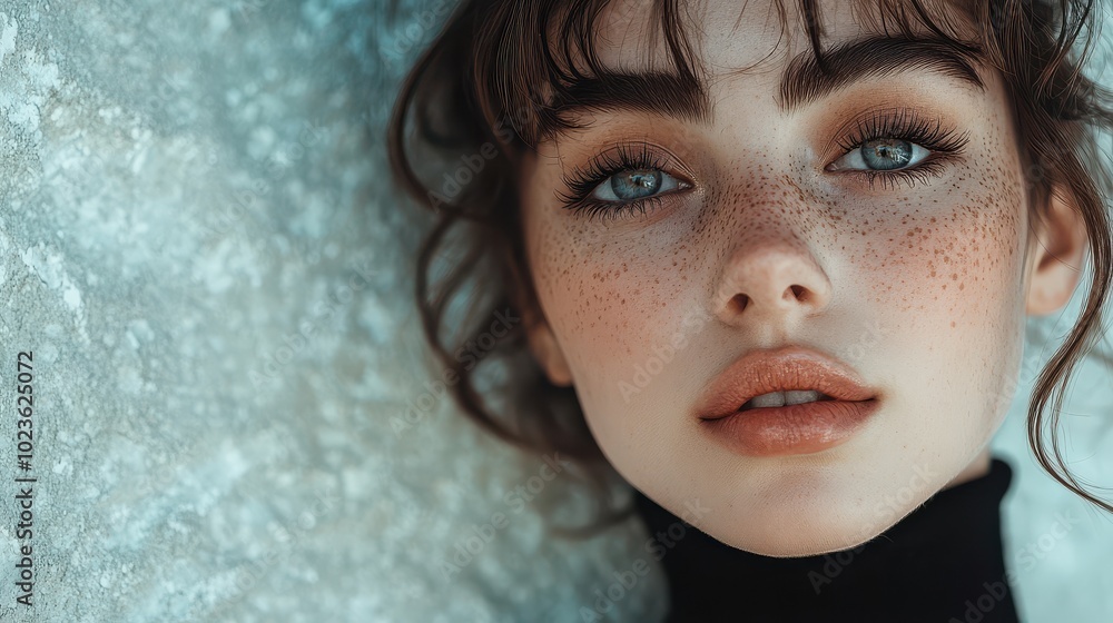 Artistic close-up portrait of a woman with freckles and soft curls lying against a textured surface Artistic close-up portrait of a woman with freckles and soft curls lying against a textured surface