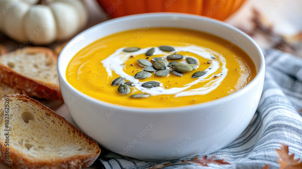 A creamy pumpkin soup in a white bowl, garnished with pumpkin seeds and a swirl of cream, with a slice of crusty bread beside it for a cozy autumn meal. A creamy pumpkin soup in a white bowl, garnished with pumpkin seeds and a swirl of cream, with a slice of crusty bread beside it for a cozy autumn meal.