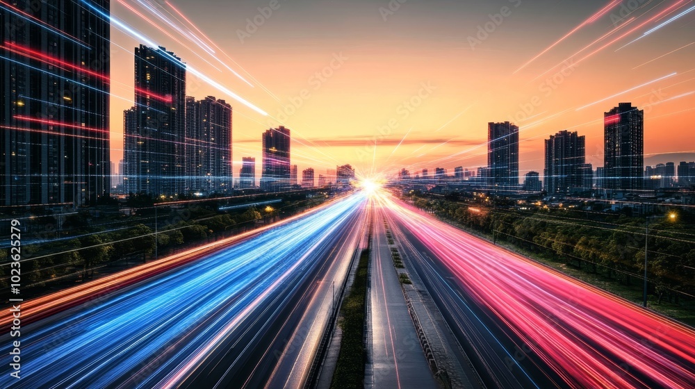 Cityscape, Sunset With Light Trails On Highway, Urban Landscape, Modern Architecture. Cityscape, Sunset With Light Trails On Highway, Urban Landscape, Modern Architecture.