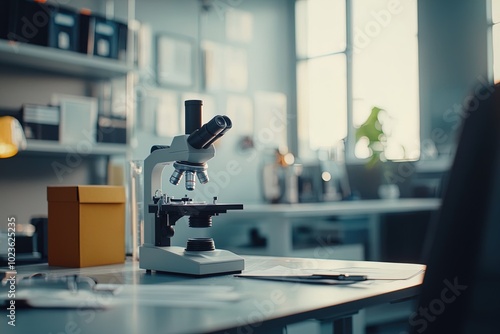 A Well-Lit Laboratory Workspace Featuring a Microscope, Desk Documents, and Natural Light Streaming Through Large Windows