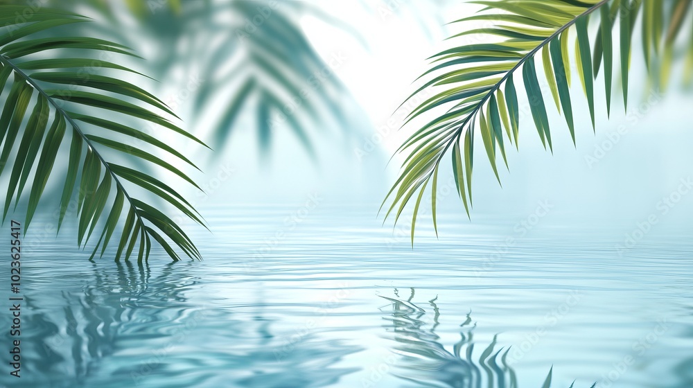 Fototapeta premium Tropical scene with palm leaves hanging over the water surface.