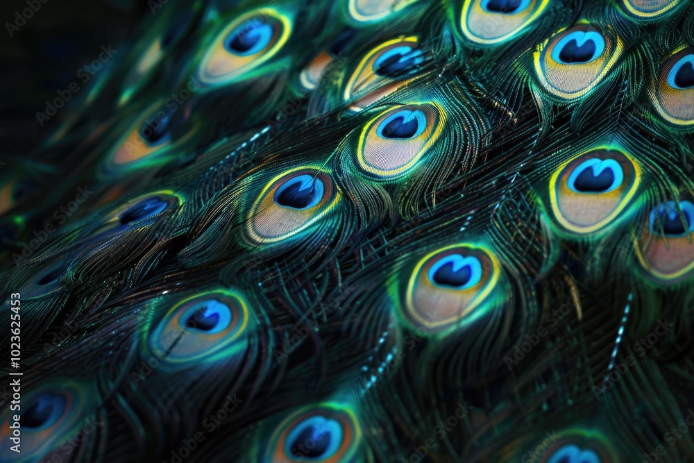 Fototapeta premium Background wallpaper texture. Part of beautiful peacock tail in dark