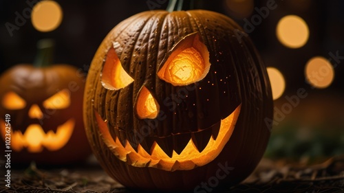 A close-up of a jack-o'-lantern with a menacing grin, lit from within, with a second jack-o'-lantern out of focus in the background photo