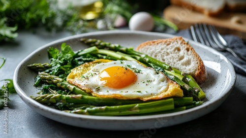 A plate of asparagus, a fried egg, and a slice of bread on a grey surface.