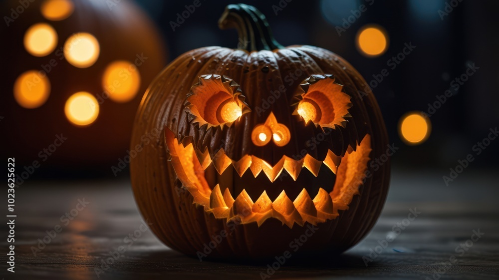 Fototapeta premium A carved pumpkin with a scary face, lit from within with a candle, sits on a wooden table.