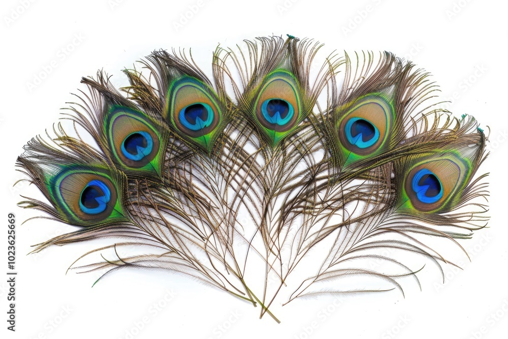 Obraz premium Exotic peacock feathers on white background with copy space.