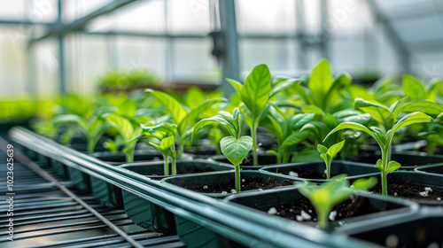 Row of small plants are in black containers. The plants are green and appear to be in a nursery