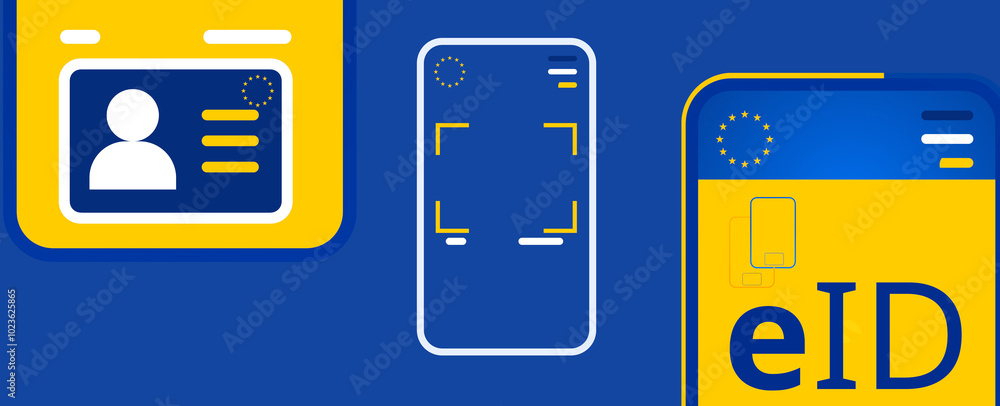 abstract of the eID of the European Union as digital app on your smartphone, front-view phone, blue and yellow abstract of the eID of the European Union as digital app on your smartphone, front-view phone, blue and yellow