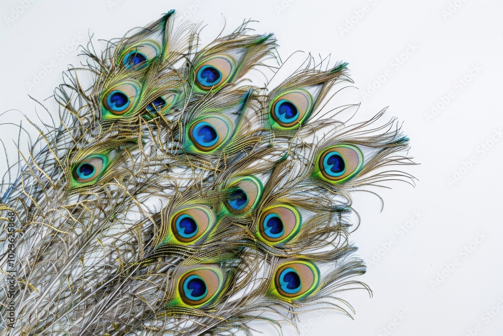 Fototapeta premium Exotic peacock feathers on white background with copy space.