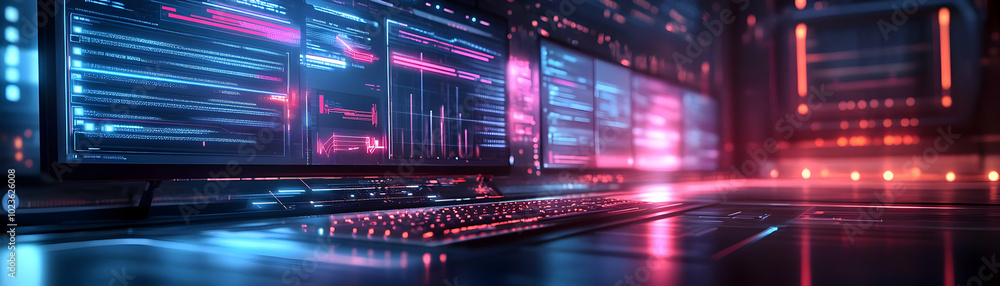Futuristic Holographic Desktop Setup with Glowing Automation Steps and Process Arrows, Streamlined Workflows with Copy Space for Branding Futuristic Holographic Desktop Setup with Glowing Automation Steps and Process Arrows, Streamlined Workflows with Copy Space for Branding