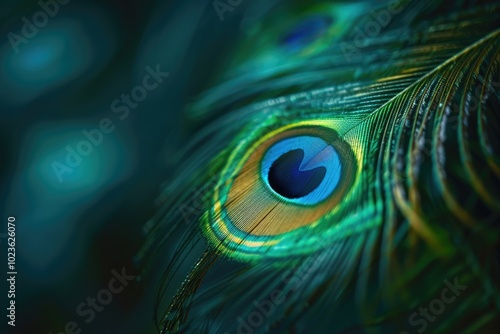 Colorful close up peacock feather ad template with copy space. photo