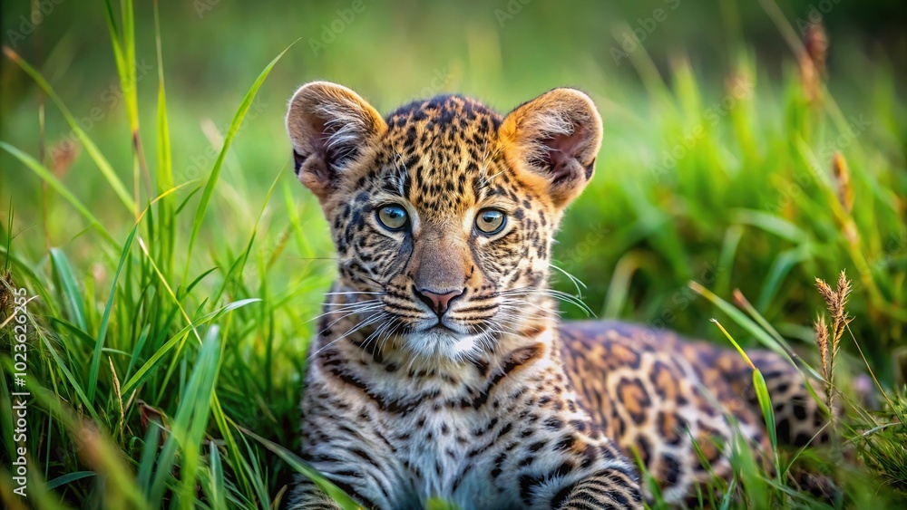leopard cub hiding in the grass at African wildlife conservation site leopard cub hiding in the grass at African wildlife conservation site