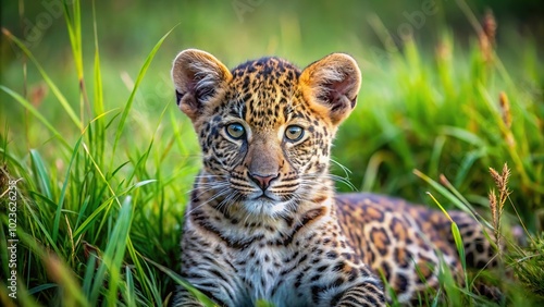 leopard cub hiding in the grass at African wildlife conservation site photo