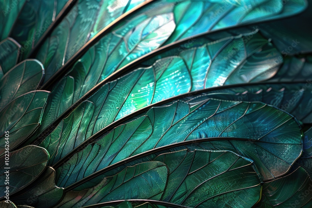 Obraz premium Blurry iridescent beetle wings pattern background in green and blue.