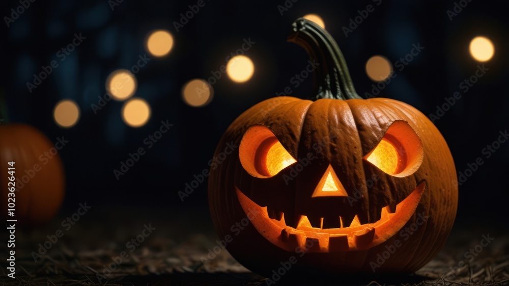 A glowing jack-o'-lantern with a menacing grin, illuminated by warm light from within, sits in front of a dark forest background. A glowing jack-o'-lantern with a menacing grin, illuminated by warm light from within, sits in front of a dark forest background.