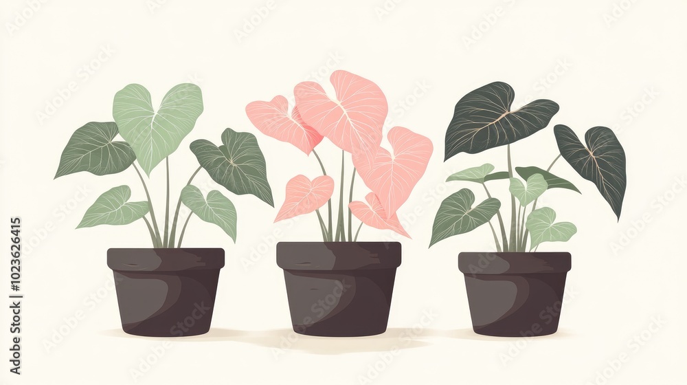 Caladium Bicolor plants thriving in small pots against a white backdrop Contemporary natural setting featuring minimalist flat design illustrations Caladium Bicolor plants thriving in small pots against a white backdrop Contemporary natural setting featuring minimalist flat design illustrations