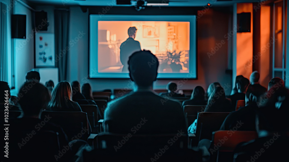 A dimly lit room with a projector displaying a dynamic slide presentation, highlighting the interaction between the presenter and audience for maximum engagement. A dimly lit room with a projector displaying a dynamic slide presentation, highlighting the interaction between the presenter and audience for maximum engagement.