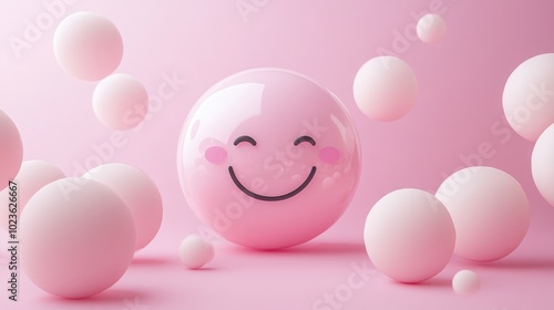 A cheerful cartoon face surrounded by a pink smiling bubble