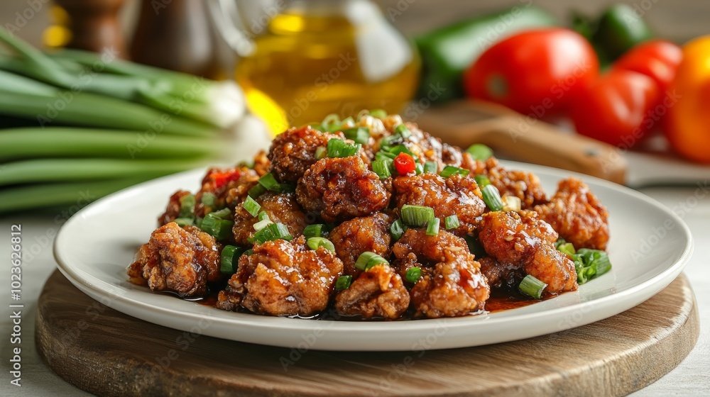 A plate of crispy, deep-fried chicken coated in a sweet and savory sauce, garnished with chopped green onions and red chili peppers. A plate of crispy, deep-fried chicken coated in a sweet and savory sauce, garnished with chopped green onions and red chili peppers.