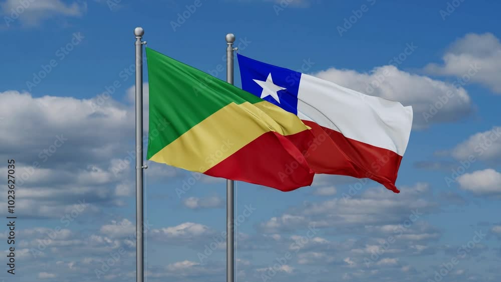 Chile and Congo Brazzaville flags flying together, video concept of the relationship, two country relations concept Chile and Congo Brazzaville flags flying together, video concept of the relationship, two country relations concept