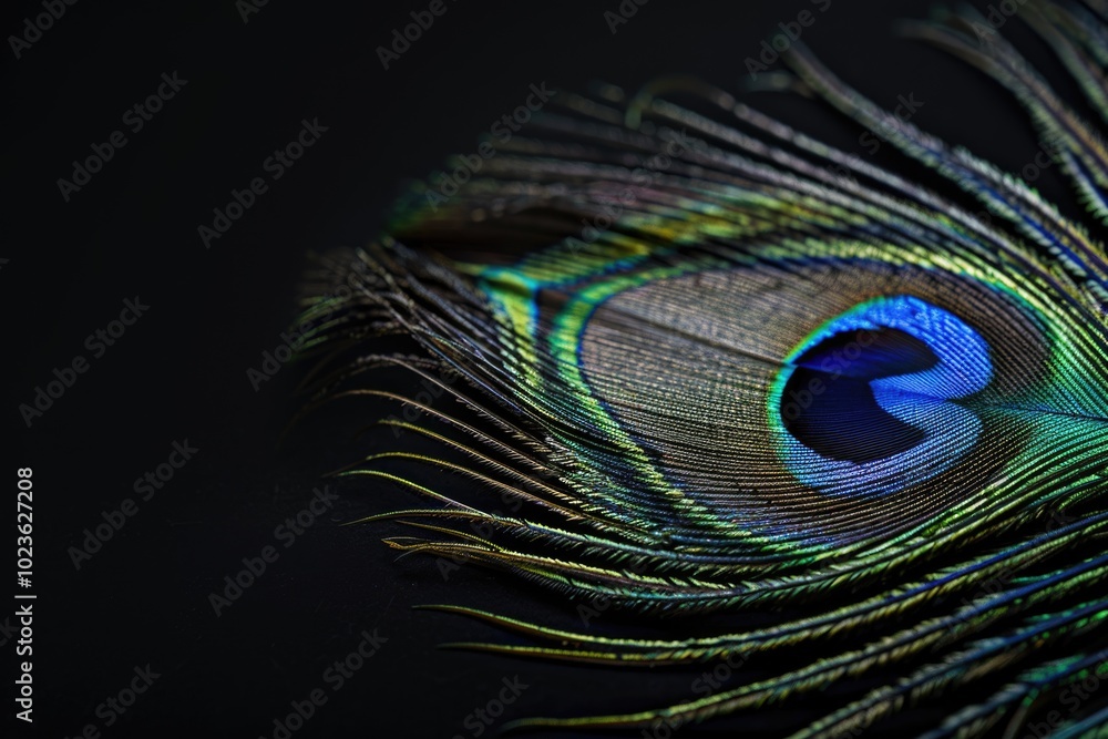 Obraz premium Closeup of peacock feather on black background