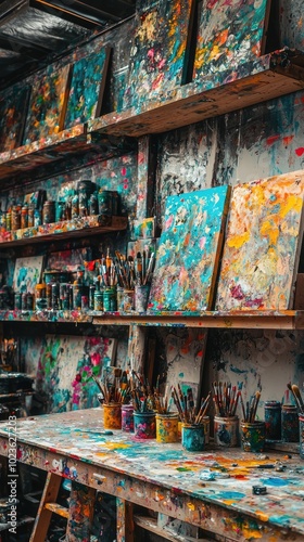 Vibrant Art Studio with Wooden Shelving and Paints