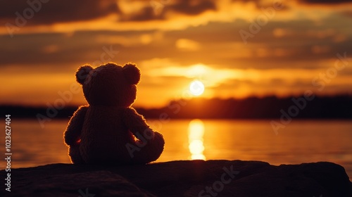 A melancholic teddy bear gazes at the horizon during golden hour silhouette