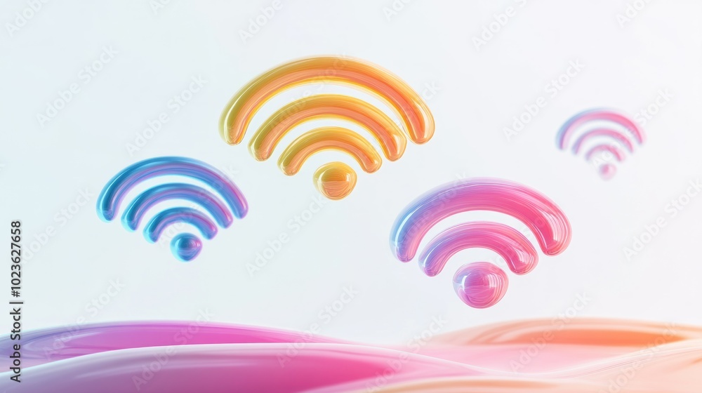 Colorful 3D Wifi Symbols Floating Over a Pastel Wavy Surface Colorful 3D Wifi Symbols Floating Over a Pastel Wavy Surface