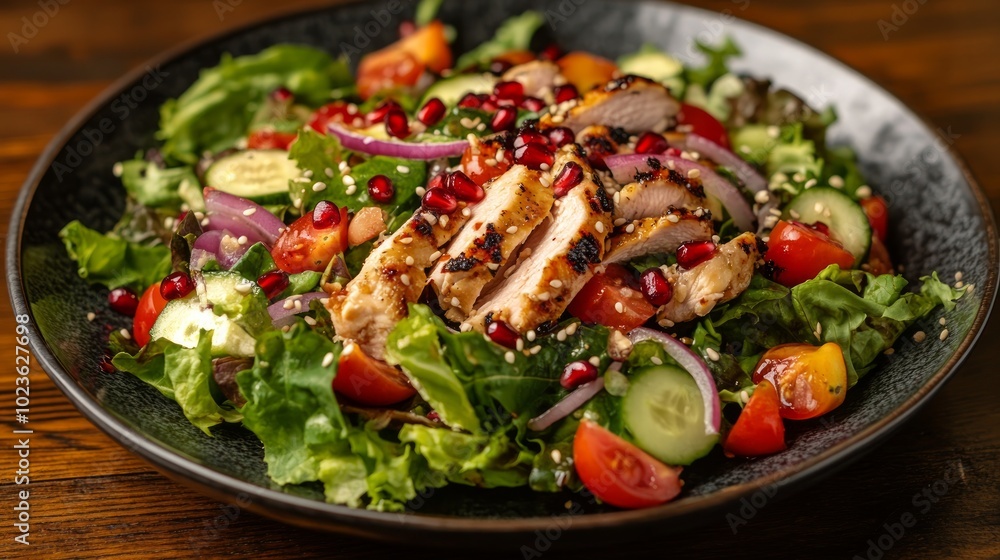 A plate of grilled chicken salad with lettuce, tomatoes, cucumbers, red onion, and pomegranate seeds on a wooden table. A plate of grilled chicken salad with lettuce, tomatoes, cucumbers, red onion, and pomegranate seeds on a wooden table.