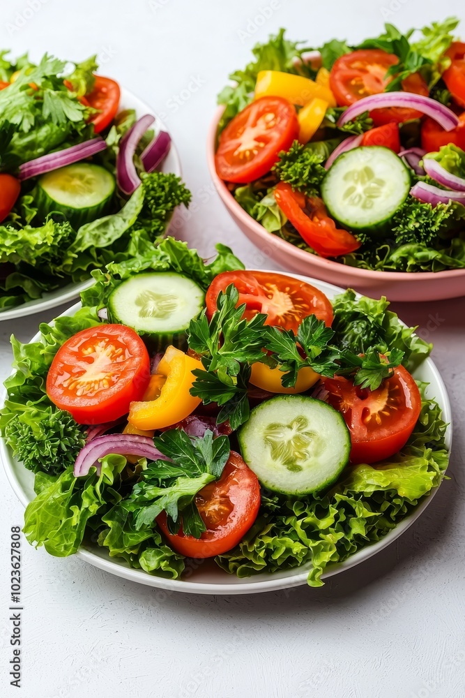 Vibrant Green Salad Bowls Fresh Ingredients Close-Up on White Surface - Healthy Eating Concept Vibrant Green Salad Bowls Fresh Ingredients Close-Up on White Surface - Healthy Eating Concept