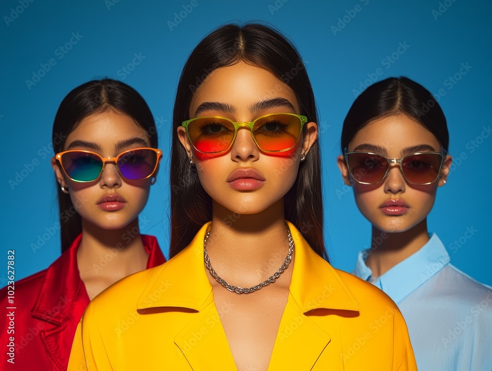 Stylish Young Women in Bold Yellow Sunglasses on Blue Background - Fashion Confidence Concept Stylish Young Women in Bold Yellow Sunglasses on Blue Background - Fashion Confidence Concept