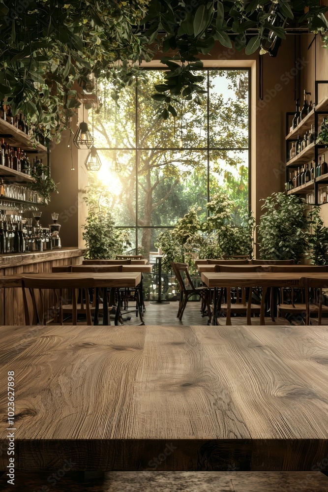 Fototapeta premium Rustic Wooden Table in Cafe Interior - Serene Ambiance with Sunlit Greenery, Cozy Charm Commercial Photography for Cafe Promotion, Interior Design, Social Media Posts