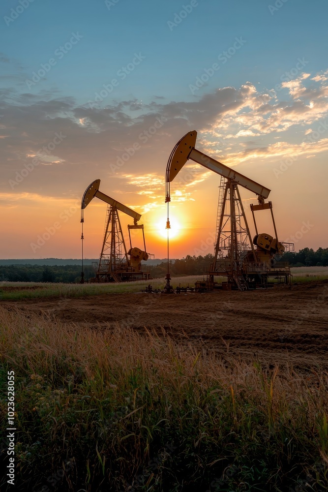 Golden Hour Serenity Closeup of Oil Derricks Against Glowing Sunset Sky in Vast Landscape, Tranquil Industrial Contrast for Editorial and Commercial Use Golden Hour Serenity Closeup of Oil Derricks Against Glowing Sunset Sky in Vast Landscape, Tranquil Industrial Contrast for Editorial and Commercial Use