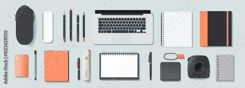 Top View of a Flat Lay with Office Supplies and a Laptop