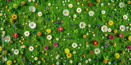 Fototapeta Naklejka Na Ścianę i Meble -  green summer meadow abstract texture with flowers Aerial