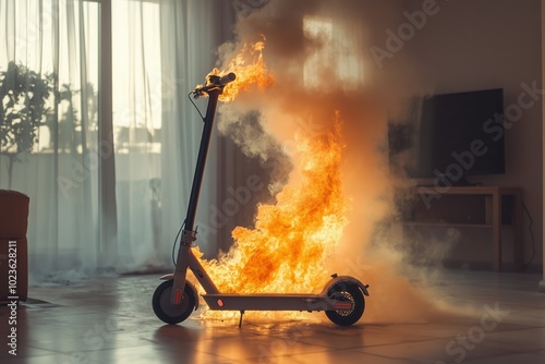 Electric scooter fire in a room. Electric scooter on fire in a living room. Breakdown of the equipment led to a fire.