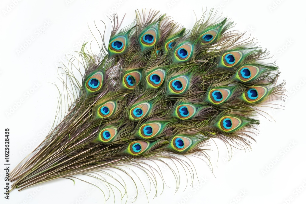 Fototapeta premium Bright green peacock feathers on white background top view