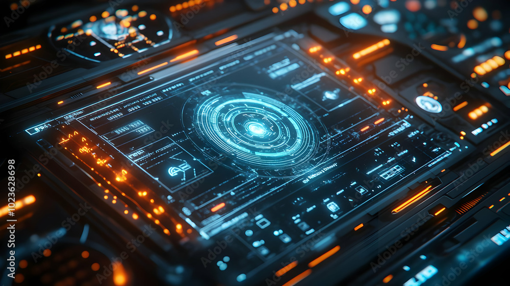 3D Macro Shot of Holographic AI Interface on Futuristic Control Panel - Close-Up of Glowing AI-Powered Display with Intricate Details and Growth Symbols 3D Macro Shot of Holographic AI Interface on Futuristic Control Panel - Close-Up of Glowing AI-Powered Display with Intricate Details and Growth Symbols