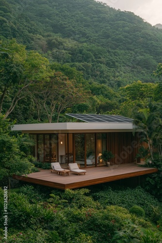 Tranquil Retreat Serene Modern House with Wooden Deck in Verdant Forest Setting, Relaxing Escape