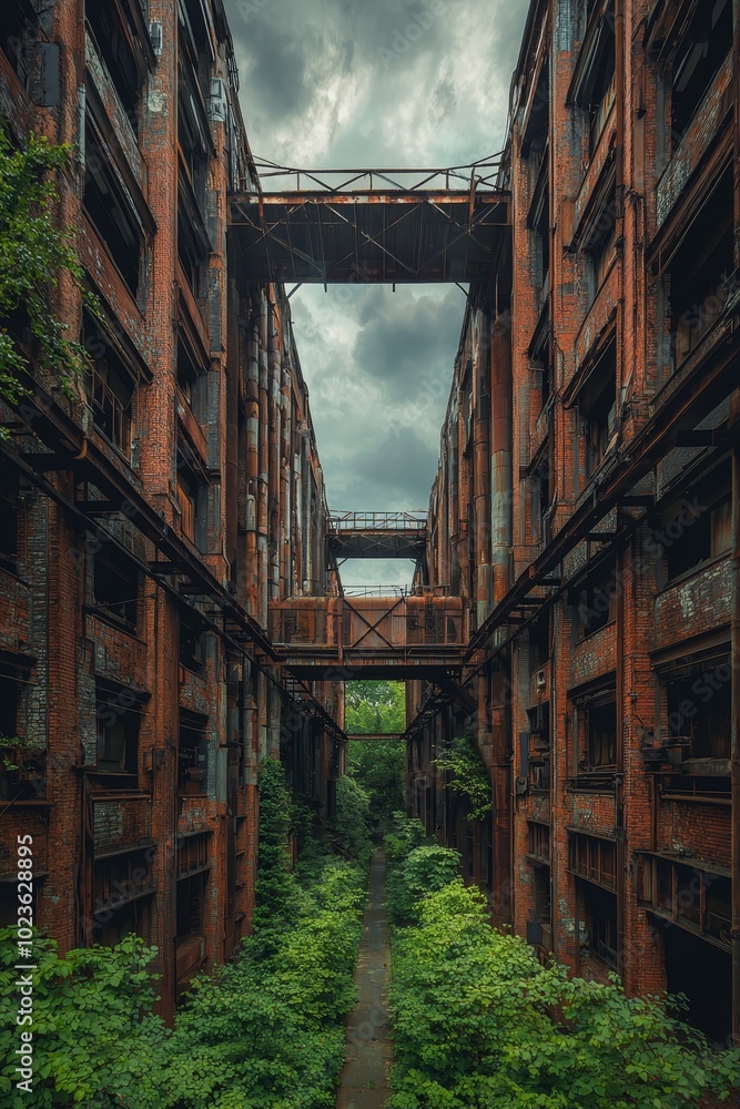 Enigmatic Overgrown Alleyway in Abandoned Industrial Site - Mystical Urban Exploration with Rustic Charm and Industrial Decay - Moody Symmetry and Nature's Reclamation Enigmatic Overgrown Alleyway in Abandoned Industrial Site - Mystical Urban Exploration with Rustic Charm and Industrial Decay - Moody Symmetry and Nature's Reclamation