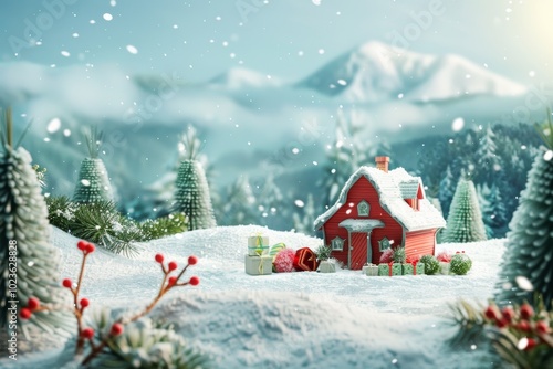 A red house with a chimney sits in the snow next to a forest. The house is decorated with Christmas gifts and presents