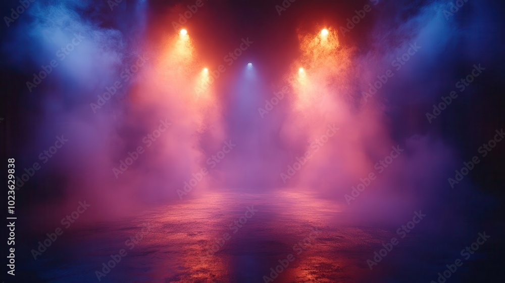 Fototapeta premium stage illuminated with blue and purple spotlights enveloping the space in a mystical atmosphere filled with smoke setting the scene for an electrifying performance