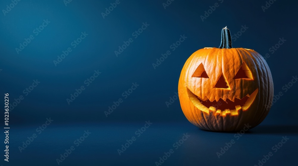 Carved Pumpkin Jack o Lantern on Dark Blue Background for Halloween Holiday Carved Pumpkin Jack o Lantern on Dark Blue Background for Halloween Holiday