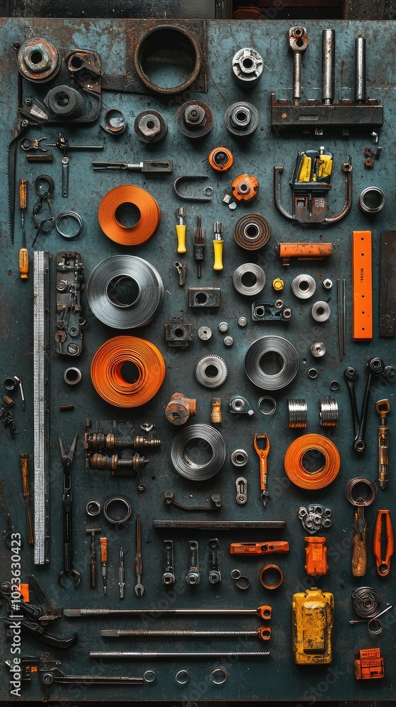 Flat Lay of Rolled Steel Coil Tools and Accessories Flat Lay of Rolled Steel Coil Tools and Accessories