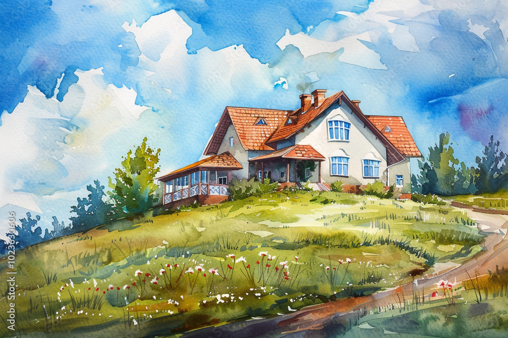 Watercolor Painting of a House on a Hill Watercolor Painting of a House on a Hill